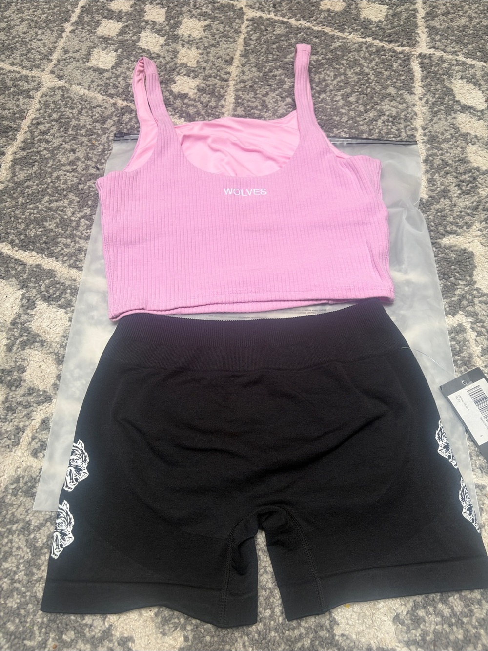 Wolves Pink Ribbed Crop Tank & Black Bike Shorts Set
